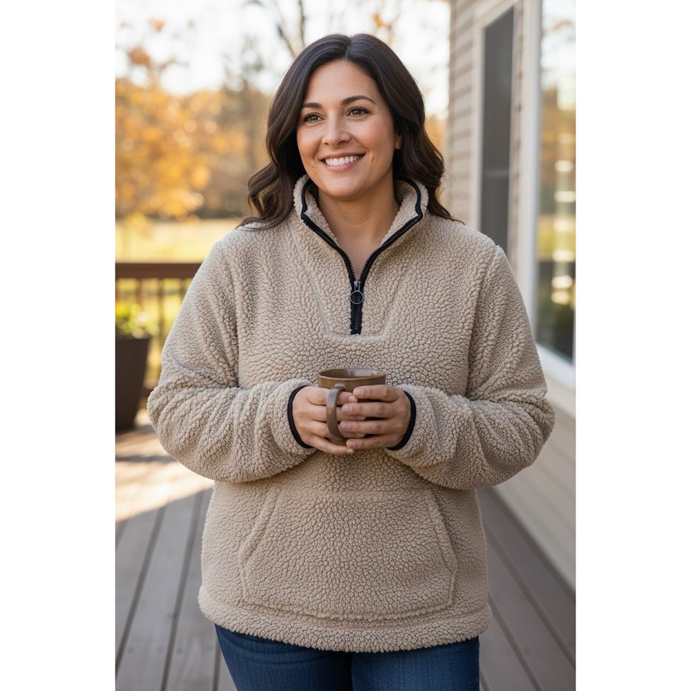 Te Verde NYC Quarter Zip Pullover Fleece Sherpa Beige Soft Knit Sweatshirt Sz L